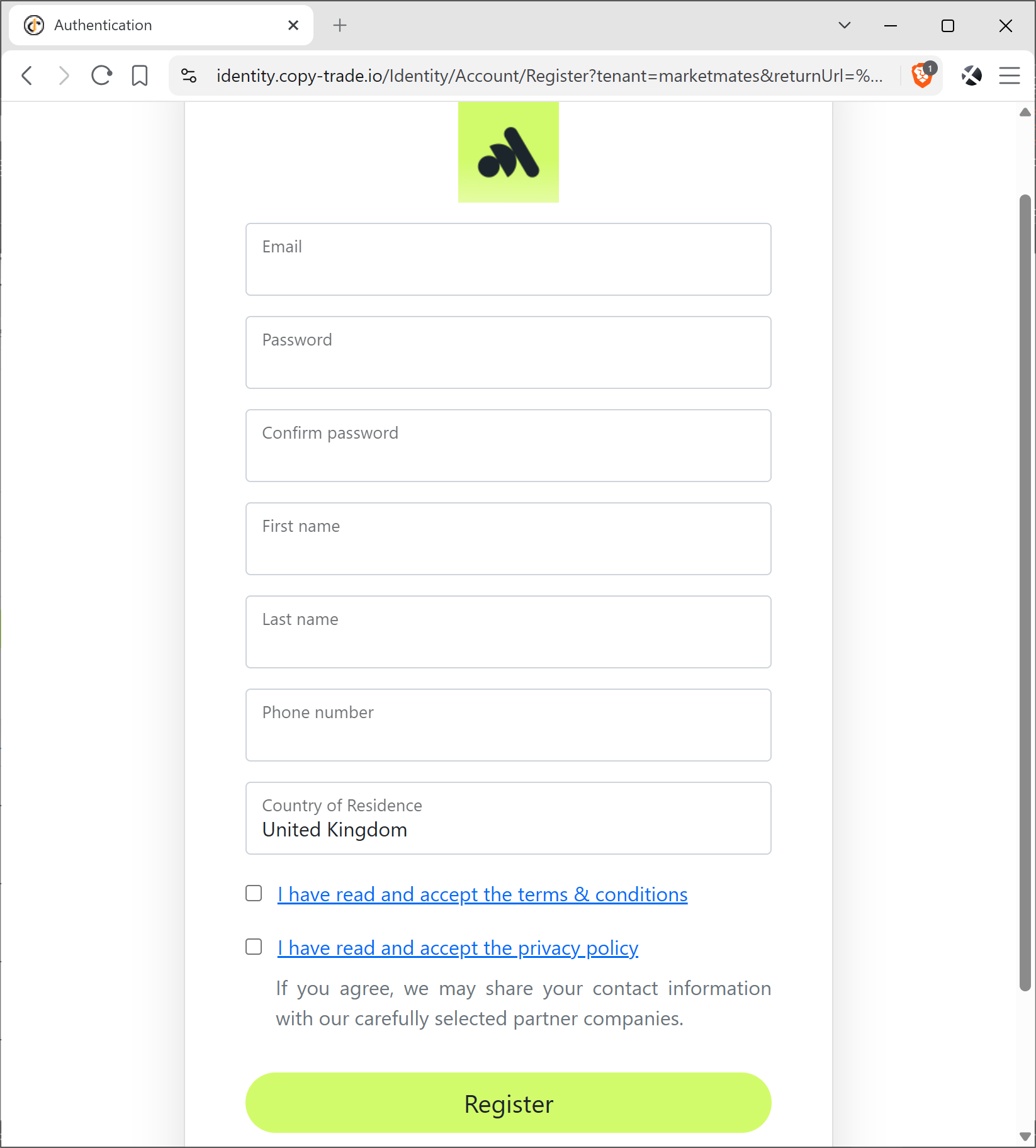 CopyMate registration form