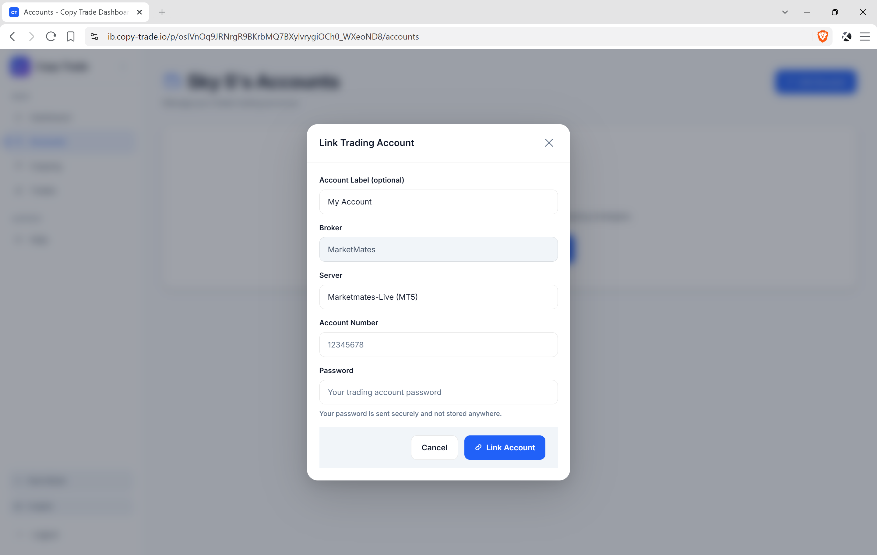 CopyMate Link Trading Account dialog