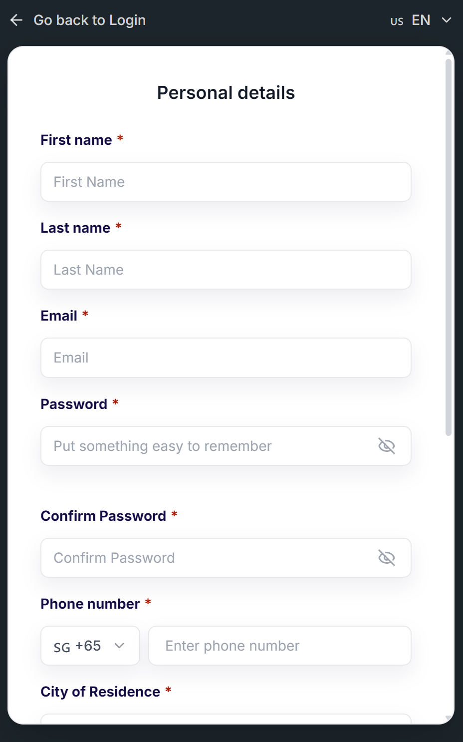 MarketMates personal details registration form