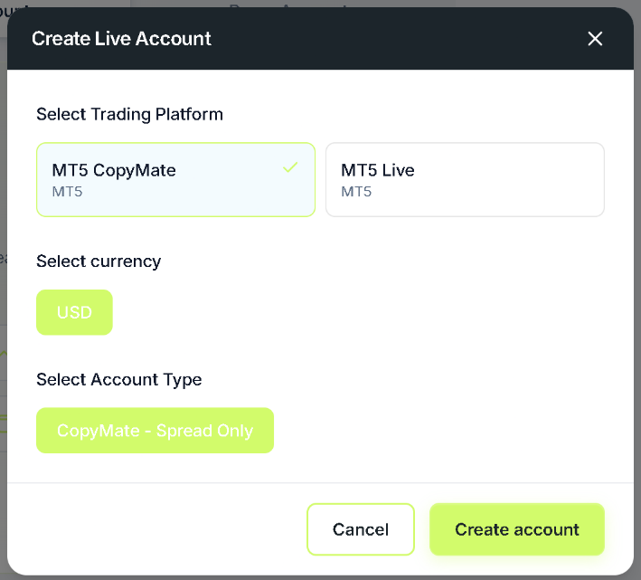 MT5 CopyMate account creation settings
