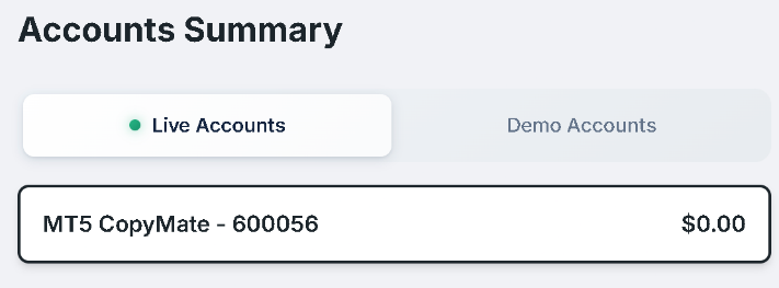 Example MT5 CopyMate account number in Account Summary